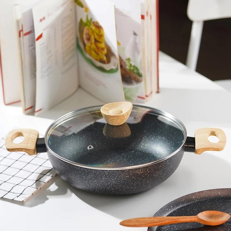 HaRvic HaRvic Non Stick Kadai NonStick Casserole with LidInduction Fry Kadai Granite Stone Kadhai with Glass Lid Kadai with Lid for Cooking PFOAFree Biryani PotRice PotDishwasher Safe Black 24cm  - Image 1