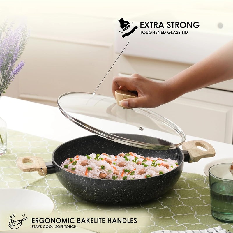 HaRvic HaRvic Non Stick Kadai NonStick Casserole with LidInduction Fry Kadai Granite Stone Kadhai with Glass Lid Kadai with Lid for Cooking PFOAFree Biryani PotRice PotDishwasher Safe Black 24cm  - Image 5