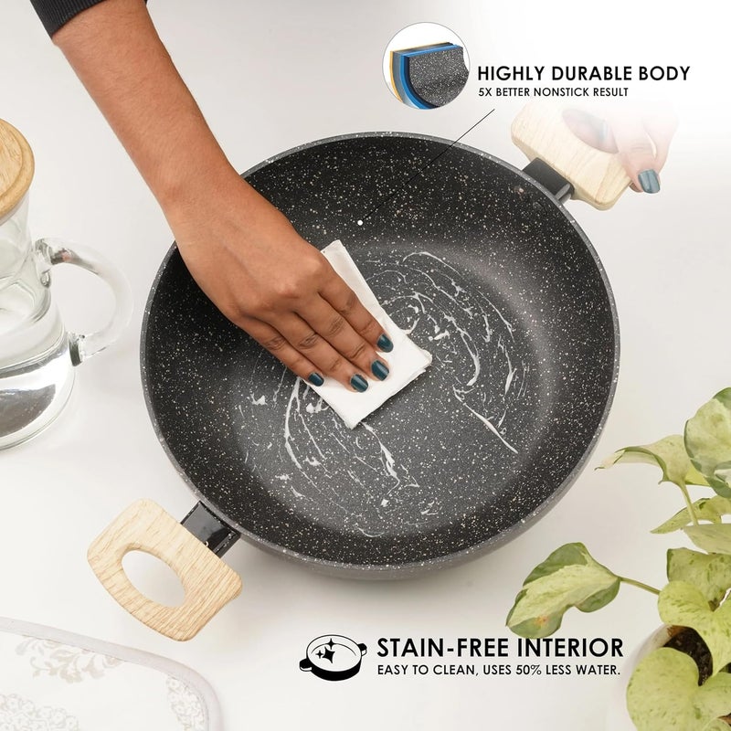 HaRvic HaRvic Non Stick Kadai NonStick Casserole with LidInduction Fry Kadai Granite Stone Kadhai with Glass Lid Kadai with Lid for Cooking PFOAFree Biryani PotRice PotDishwasher Safe Black 24cm  - Image 3