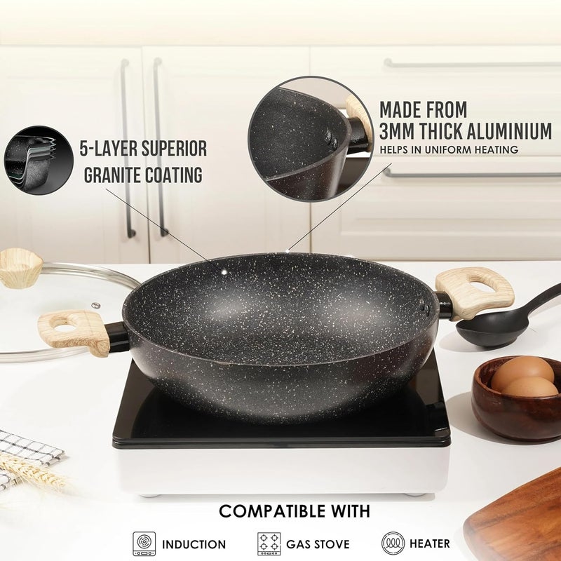 HaRvic HaRvic Non Stick Kadai NonStick Casserole with LidInduction Fry Kadai Granite Stone Kadhai with Glass Lid Kadai with Lid for Cooking PFOAFree Biryani PotRice PotDishwasher Safe Black 24cm  - Image 4