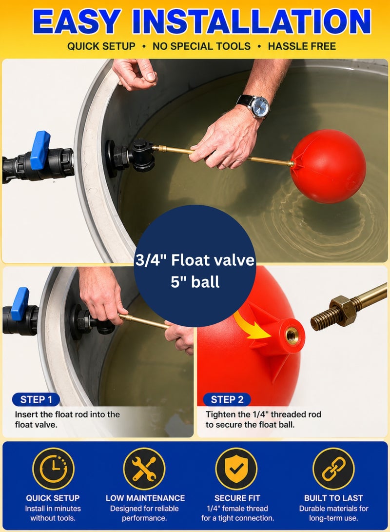 3/4 Inch Heavy Duty Float Valve with 5 Inch Ball, Automatic Water Level Control Valve, Brass & Polyethylene Float Valve for Water Tanks, Overhead Tanks, Sumps & Pools - Image 3
