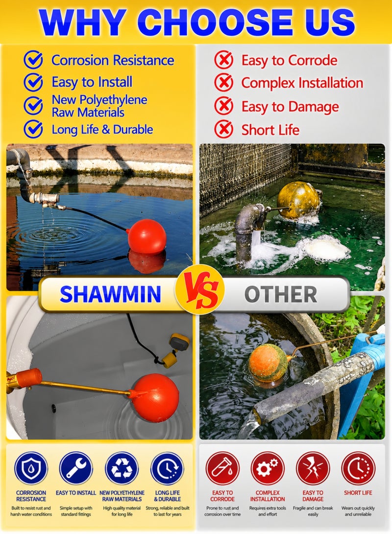 3/4 Inch Heavy Duty Float Valve with 5 Inch Ball, Automatic Water Level Control Valve, Brass & Polyethylene Float Valve for Water Tanks, Overhead Tanks, Sumps & Pools - Image 2