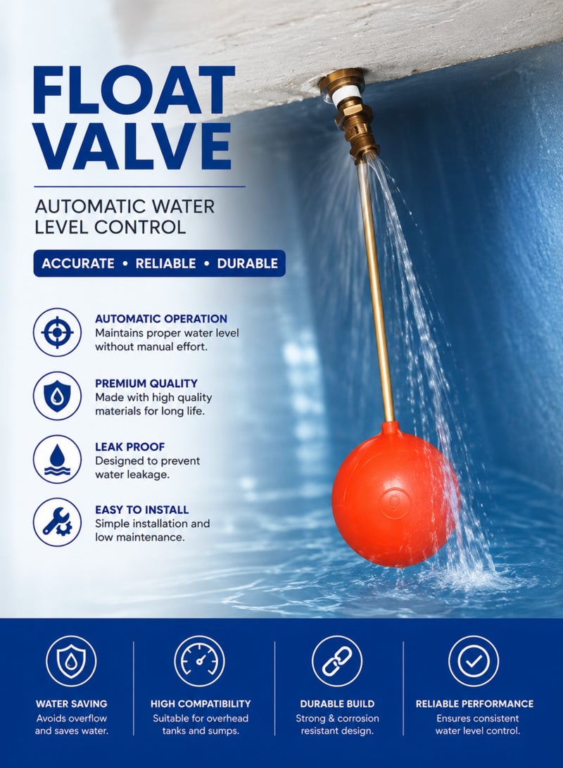 3/4 Inch Heavy Duty Float Valve with 5 Inch Ball, Automatic Water Level Control Valve, Brass & Polyethylene Float Valve for Water Tanks, Overhead Tanks, Sumps & Pools - Image 4