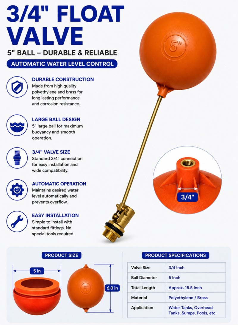 3/4 Inch Heavy Duty Float Valve with 5 Inch Ball, Automatic Water Level Control Valve, Brass & Polyethylene Float Valve for Water Tanks, Overhead Tanks, Sumps & Pools - Image 1