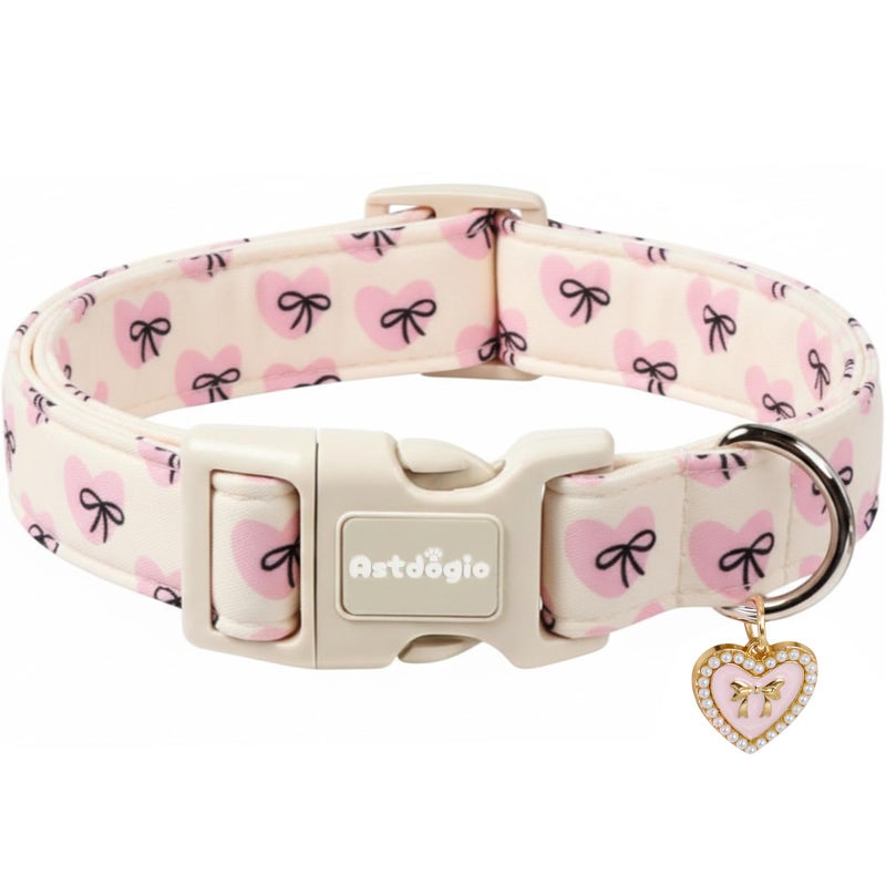 Astdogio Bow Dog Collar with Pink Heart, Adjustable Cotton Dog Collar for Small Medium Large Dogs, Cute Puppy Collar for Girl Boy Dogs, Ideal for Gifts,Pet Accessory,S - Image 1