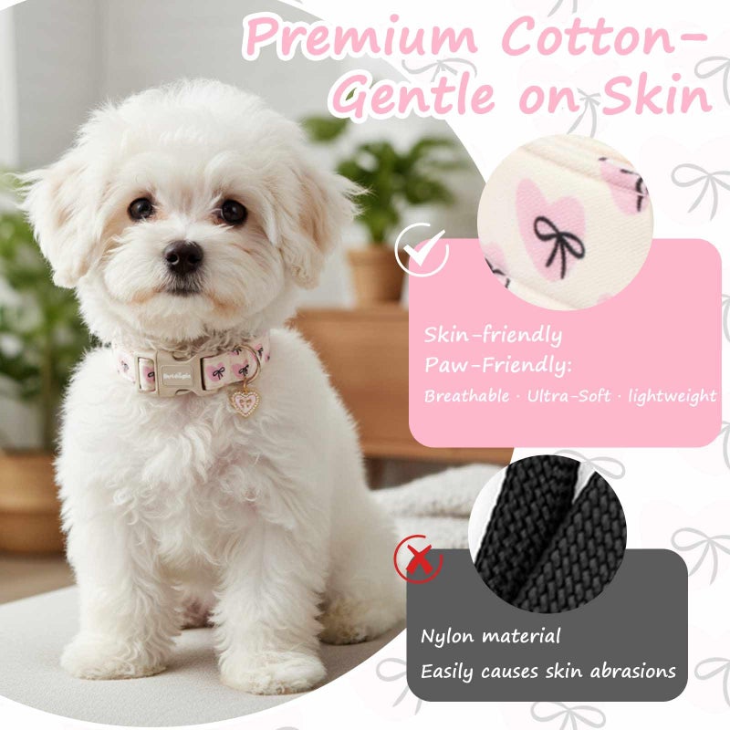 Astdogio Bow Dog Collar with Pink Heart, Adjustable Cotton Dog Collar for Small Medium Large Dogs, Cute Puppy Collar for Girl Boy Dogs, Ideal for Gifts,Pet Accessory,S - Image 3