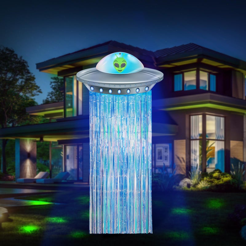 Simgoing Alien Birthday Party Decorations Door Curtain With Foil Fringe Tinsel Spacecraft Flying Saucer Spaceship Hanging Banner For Alien Halloween Party(Golden Blue) - Image 1