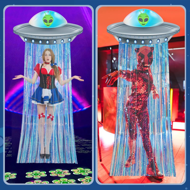 Simgoing Alien Birthday Party Decorations Door Curtain With Foil Fringe Tinsel Spacecraft Flying Saucer Spaceship Hanging Banner For Alien Halloween Party(Golden Blue) - Image 4