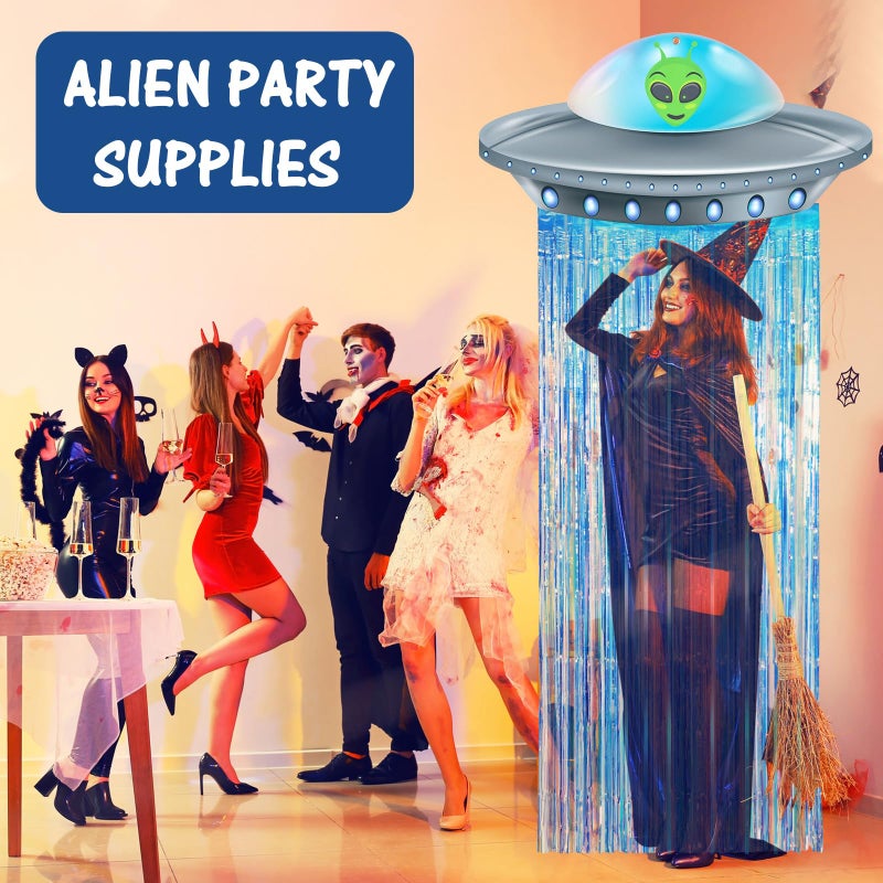 Simgoing Alien Birthday Party Decorations Door Curtain With Foil Fringe Tinsel Spacecraft Flying Saucer Spaceship Hanging Banner For Alien Halloween Party(Golden Blue) - Image 5
