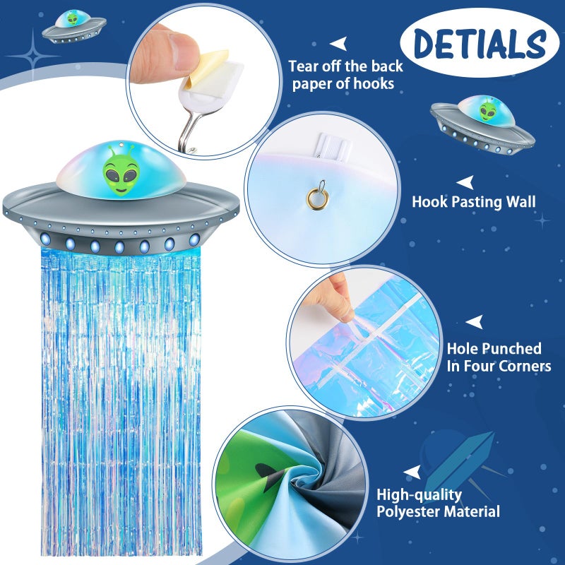 Simgoing Alien Birthday Party Decorations Door Curtain With Foil Fringe Tinsel Spacecraft Flying Saucer Spaceship Hanging Banner For Alien Halloween Party(Golden Blue) - Image 3