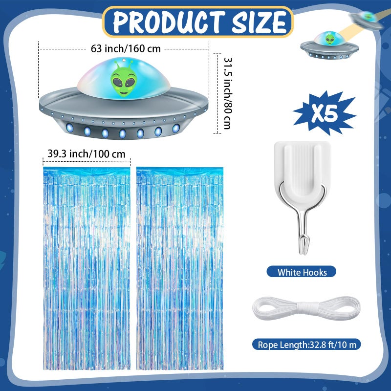Simgoing Alien Birthday Party Decorations Door Curtain With Foil Fringe Tinsel Spacecraft Flying Saucer Spaceship Hanging Banner For Alien Halloween Party(Golden Blue) - Image 2