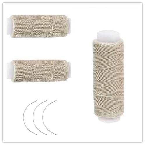 Funyn 3 Rolls Hair Weaving Thread Cotton Sewing Thread Making Wig Clips in Hair Extension Hair Salon Weft Thick Thread with 3 Curved Needles Beige