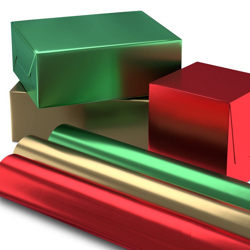 Hallmark Christmas Wrapping Paper Rolls  Solid Red Green Gold Metallic Foil Gift Wrap Paper Set of 3 Rolls 60 sq ft ttl for Holiday Parties Hanukkah Winter Weddings