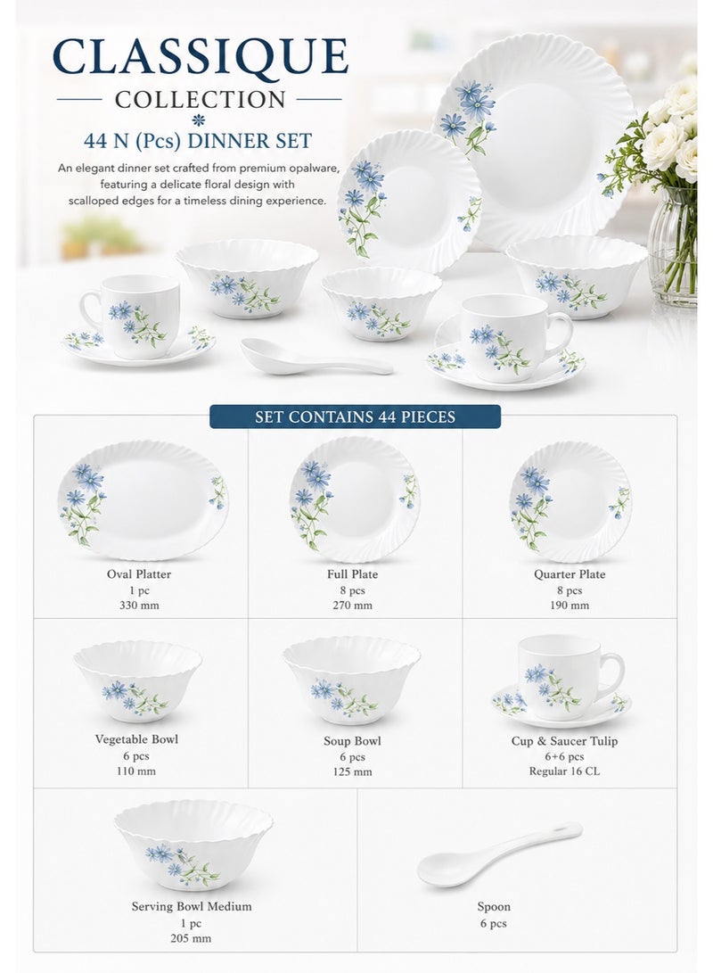 Laopala Classique Collection 44 Pcs Opalware Dinner Set White Dinnerware Set with Plates Bowls Cup & Saucer Serving Bowl Platter Spoon Elegant Tableware Set - Image 4