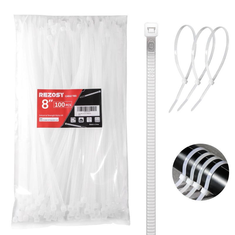 REZOSY White Zip Ties 8 Inch 100 Pack Clear Tensile Strength 40 lbs UV Resistant Industrial Cable Ties Self Locking Zipties Wire Ties Wrap Indoor Outdoor Use for Fence Garage Camping - Image 1
