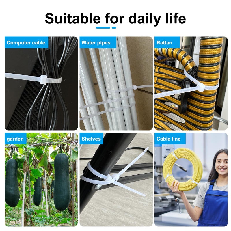 REZOSY White Zip Ties 8 Inch 100 Pack Clear Tensile Strength 40 lbs UV Resistant Industrial Cable Ties Self Locking Zipties Wire Ties Wrap Indoor Outdoor Use for Fence Garage Camping - Image 4