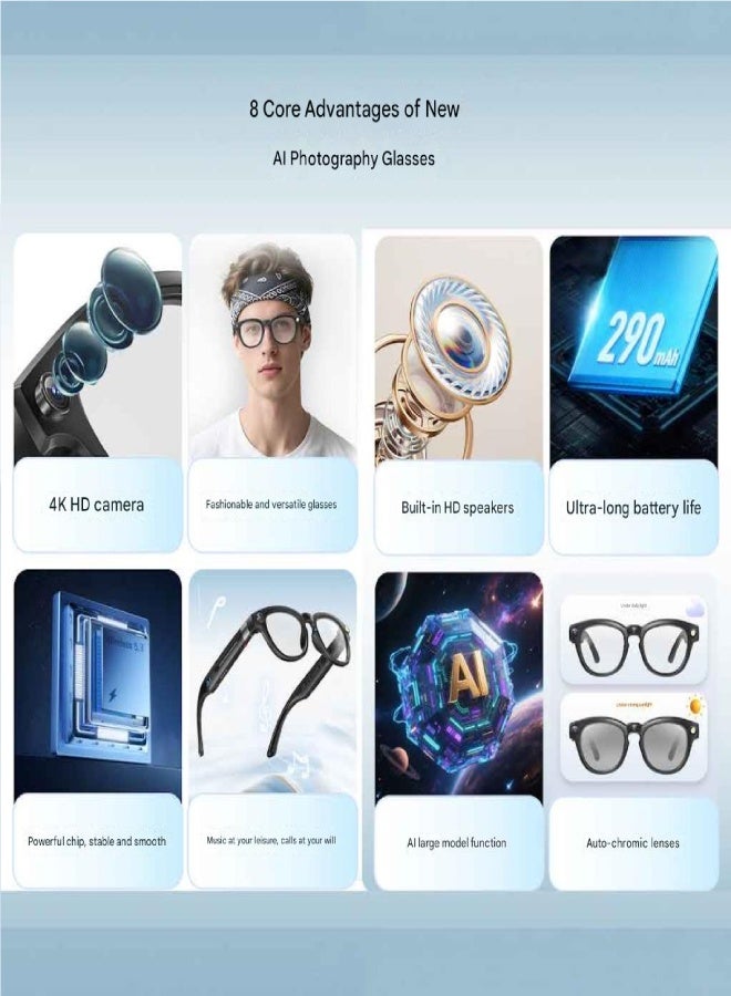 نظارات ذكية بتقنية الذكاء الاصطناعي Q8 بعدسة بدقة ‎800‎ واط HD لتصوير الصور والفيديو، تثبيت حركة، ترجمة فورية بالذكاء الاصطناعي، عدسات فتوكرومية، اتصال بلوتوث، ذاكرة داخلية ‎16‎ جيجا – متوافقة مع أندرويد و iOS - Image 4