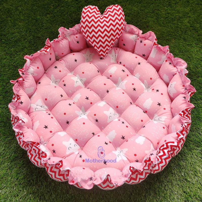 MOTHERHOOD MOTHERHOOD Round Baby Tub Bed HeartShaped Pillow Luxury Baby Mattress Bed Sleeper Bedding Set Safe Cotton Fabric with RFilled UltraSoft Comfortable for Newborn to Toddlers Pink - Image 1