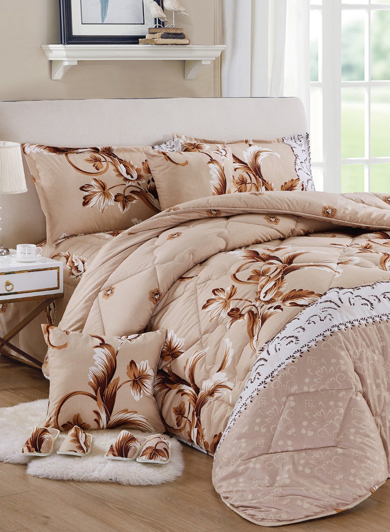Moon Bed In A Bag Medium Filling King Size Comforter Set, 10 Pcs Floral Bedding Set Size 220 X 240 Cm with Comforter, Quilted Bed Skirt, Pillowcases, Cushion & Bedroom Slipper, Multicolor  - Image 1