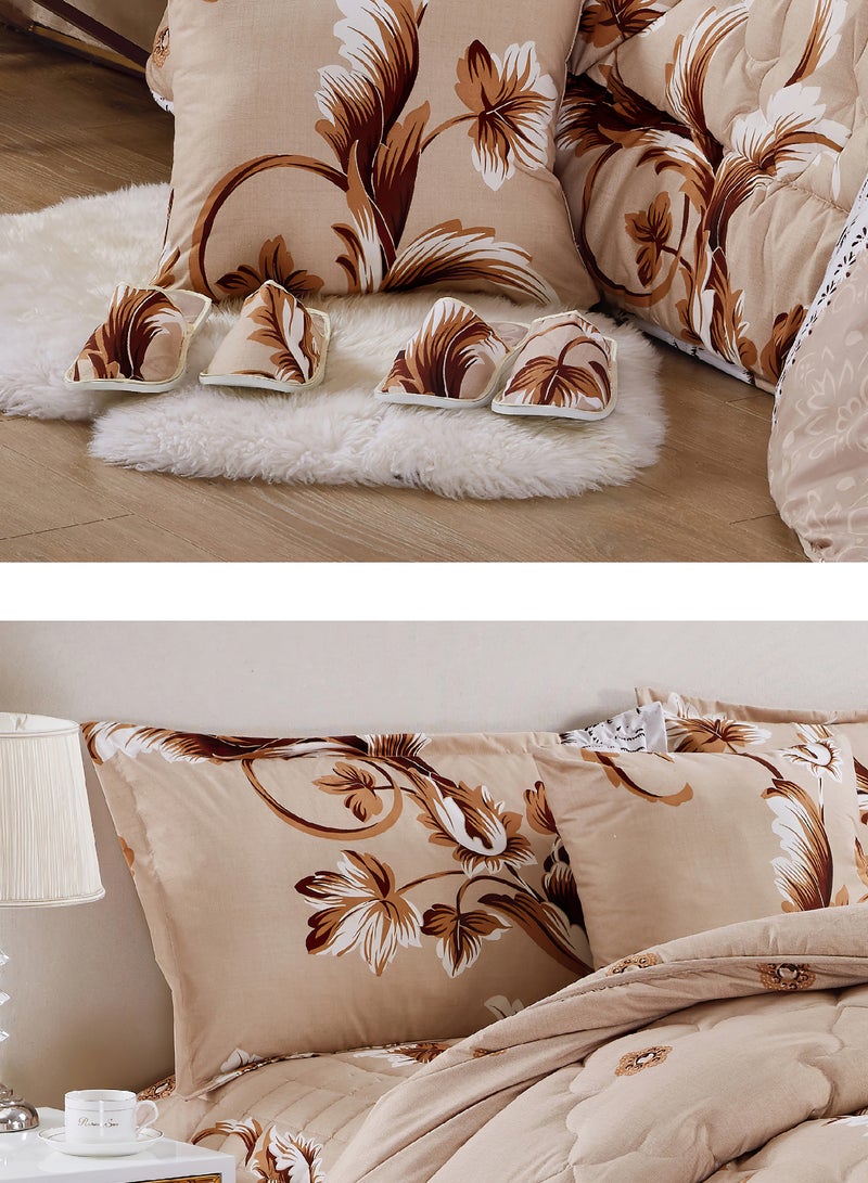 Moon Bed In A Bag Medium Filling King Size Comforter Set, 10 Pcs Floral Bedding Set Size 220 X 240 Cm with Comforter, Quilted Bed Skirt, Pillowcases, Cushion & Bedroom Slipper, Multicolor  - Image 3