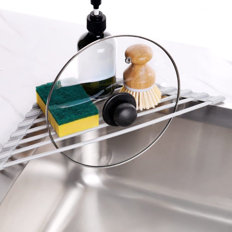 Tomorotec Triangle Roll-Up Dish Drying Rack - Small Foldable Silicone Coated for Sink Corner, Stainless Steel Over Sink Organizer, Drainer Caddy for Multipurpose Kitchen Storage (Gray) - Image 4