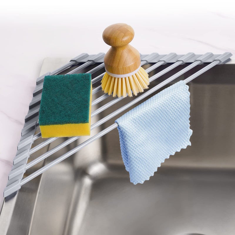 Tomorotec Triangle Roll-Up Dish Drying Rack - Small Foldable Silicone Coated for Sink Corner, Stainless Steel Over Sink Organizer, Drainer Caddy for Multipurpose Kitchen Storage (Gray) - Image 1