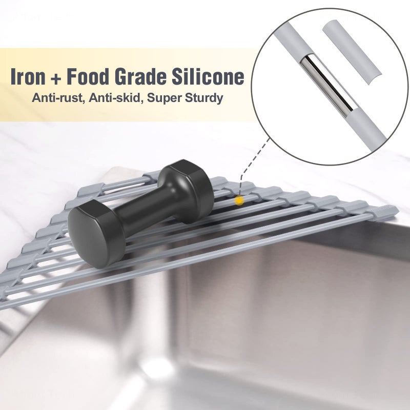 Tomorotec Triangle Roll-Up Dish Drying Rack - Small Foldable Silicone Coated for Sink Corner, Stainless Steel Over Sink Organizer, Drainer Caddy for Multipurpose Kitchen Storage (Gray) - Image 3