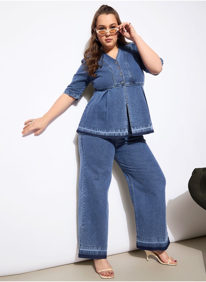 SASSAFRAS Plus Size Solid V Neck Denim Metal Button Peplum Top and Jeans Co-Ords  - Image 1
