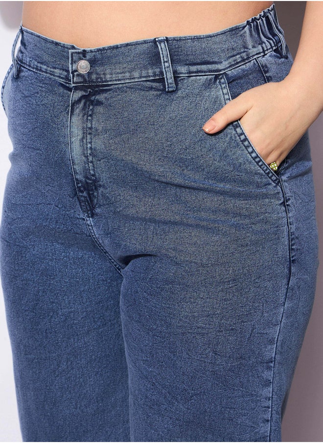 SASSAFRAS Plus Size Solid V Neck Denim Metal Button Peplum Top and Jeans Co-Ords  - Image 5