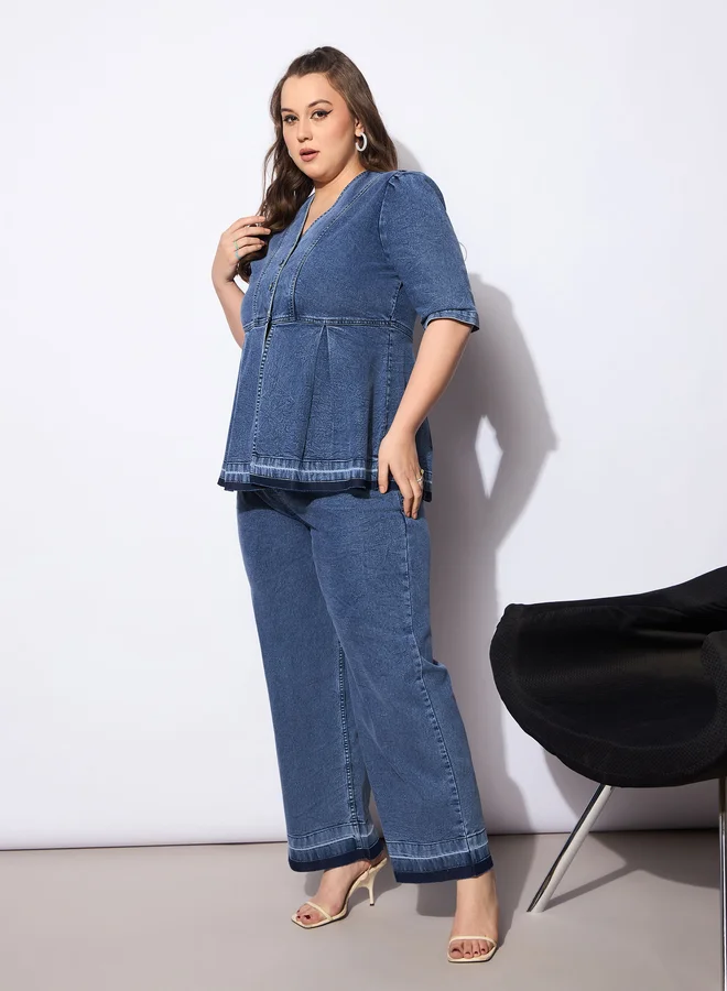 SASSAFRAS Plus Size Solid V Neck Denim Metal Button Peplum Top and Jeans Co-Ords