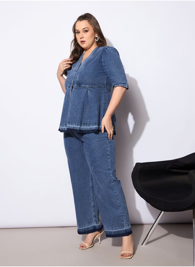 SASSAFRAS Plus Size Solid V Neck Denim Metal Button Peplum Top and Jeans Co-Ords  - Image 3