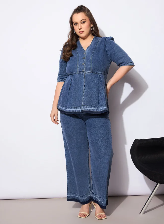 SASSAFRAS Plus Size Solid V Neck Denim Metal Button Peplum Top and Jeans Co-Ords