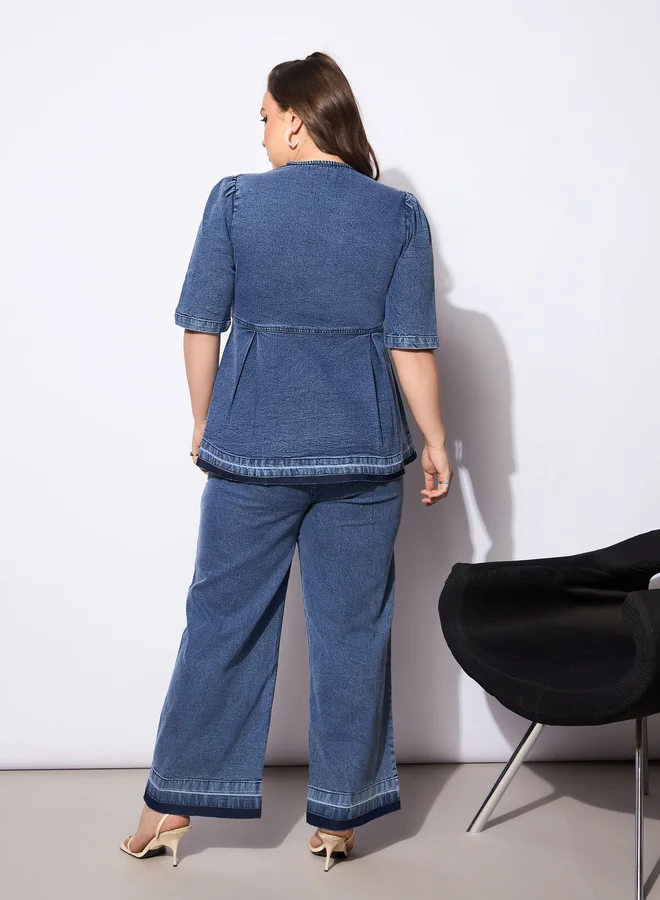 SASSAFRAS Plus Size Solid V Neck Denim Metal Button Peplum Top and Jeans Co-Ords