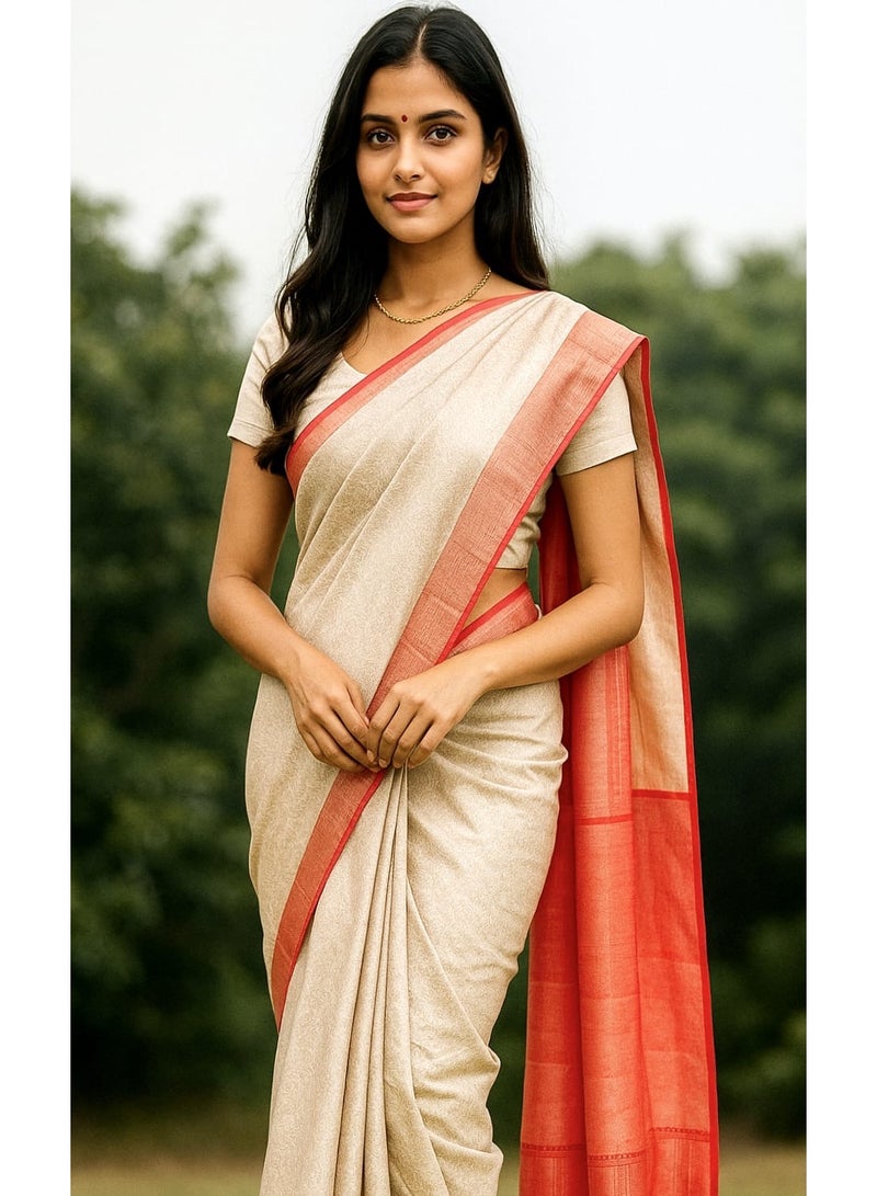 Banarasi Semi Tanchoi Silk Saree Cream & Red Contrast with Brocade Zari Work All Over & Contrast Brocade Blouse | Woven Wedding & Party Wear Saree for Women | UAE - Image 1
