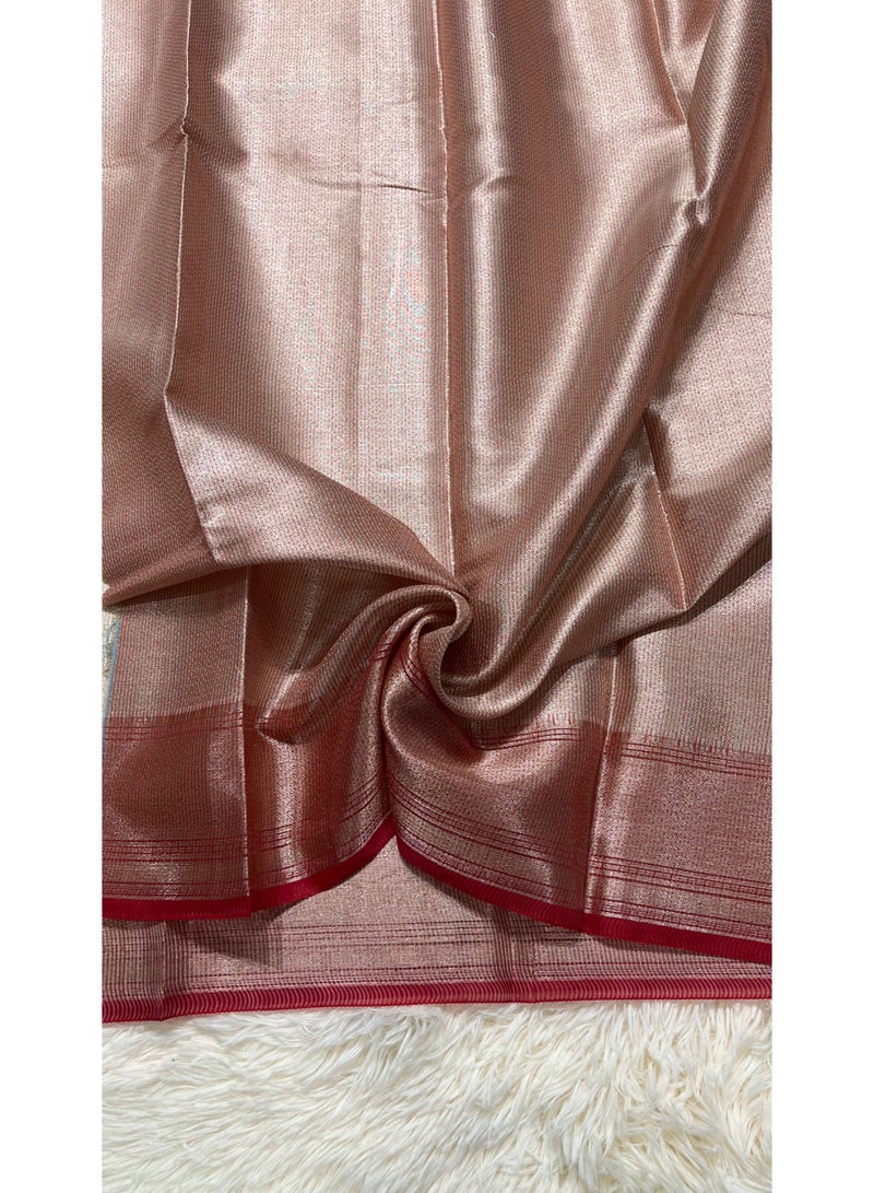 Banarasi Semi Tanchoi Silk Saree Cream & Red Contrast with Brocade Zari Work All Over & Contrast Brocade Blouse | Woven Wedding & Party Wear Saree for Women | UAE - Image 3