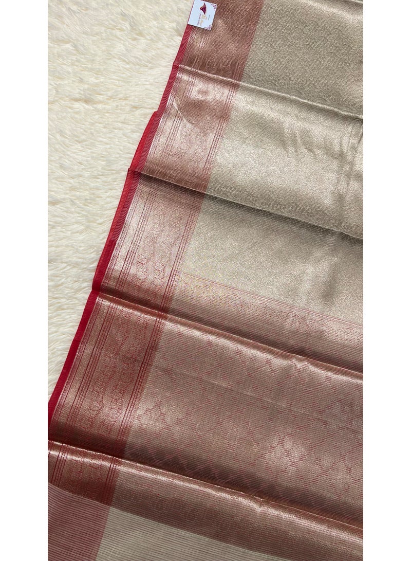 Banarasi Semi Tanchoi Silk Saree Cream & Red Contrast with Brocade Zari Work All Over & Contrast Brocade Blouse | Woven Wedding & Party Wear Saree for Women | UAE - Image 2