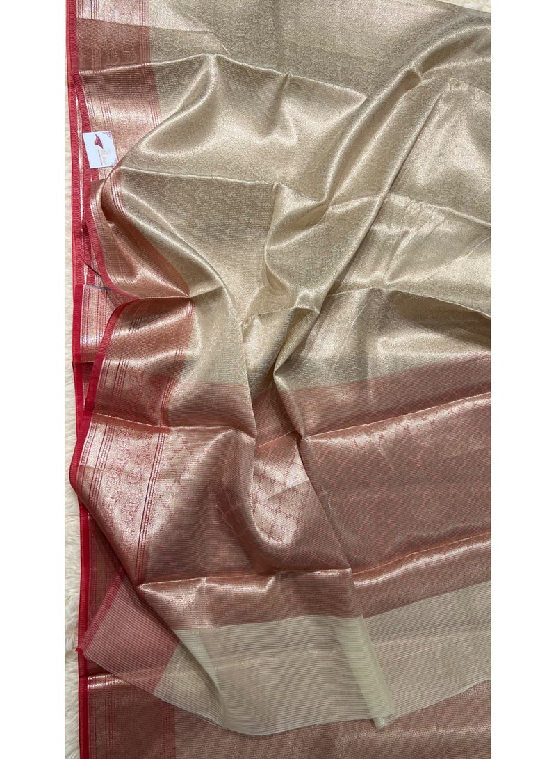 Banarasi Semi Tanchoi Silk Saree Cream & Red Contrast with Brocade Zari Work All Over & Contrast Brocade Blouse | Woven Wedding & Party Wear Saree for Women | UAE - Image 5