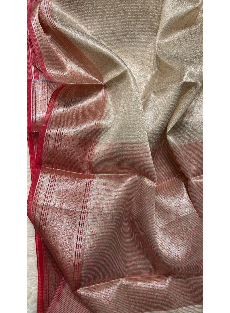 Banarasi Semi Tanchoi Silk Saree Cream & Red Contrast with Brocade Zari Work All Over & Contrast Brocade Blouse | Woven Wedding & Party Wear Saree for Women | UAE - Image 4