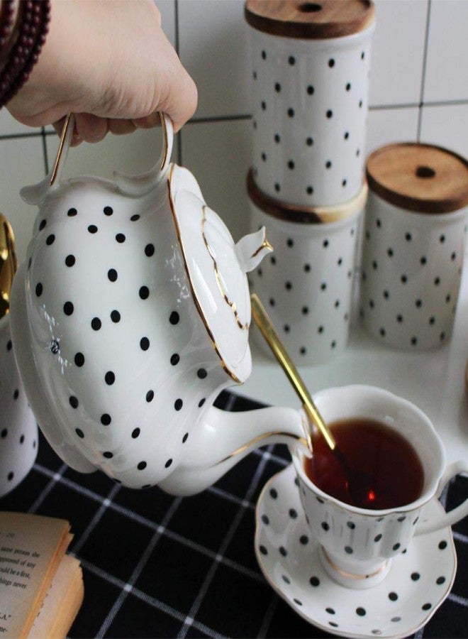 Jessie European Style Teapot Handmade Ceramic Teapot Pumpkin Fluted Shape Vintage Tea Party Set Gift (Polka dot) - Image 4