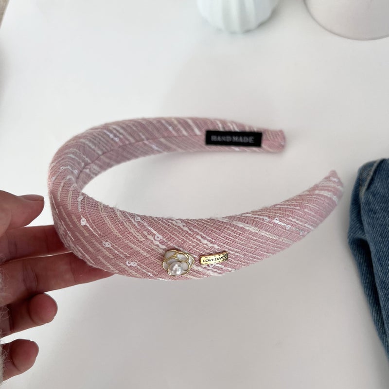 Loquat French retro Chanel style tweed headband high-grade temperament hair pressing headband high Skull top sponge hairpin headdress 3# Pink