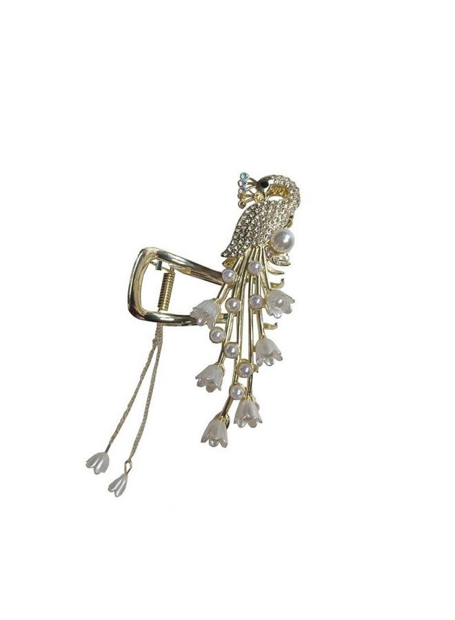 DENICRAAS Decorative Peacock Hair Claw For Women and Girls Crystal and Pearl Design, Gold-Tone Metal Thick Curly Hair Sparkly Hold Hair Jaw Clips (Pack of 1) - Image 1