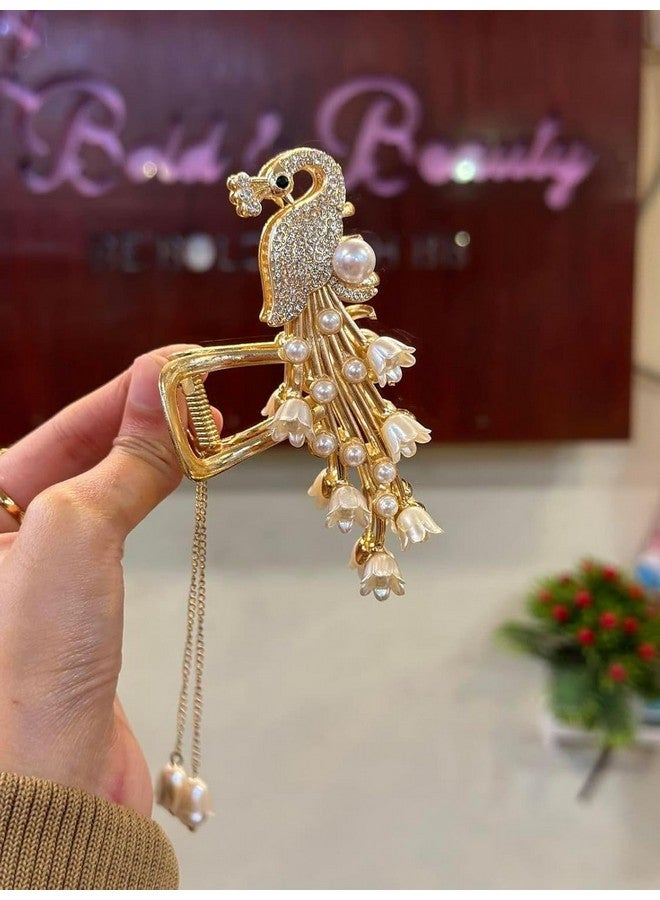 DENICRAAS Decorative Peacock Hair Claw For Women and Girls Crystal and Pearl Design, Gold-Tone Metal Thick Curly Hair Sparkly Hold Hair Jaw Clips (Pack of 1) - Image 2