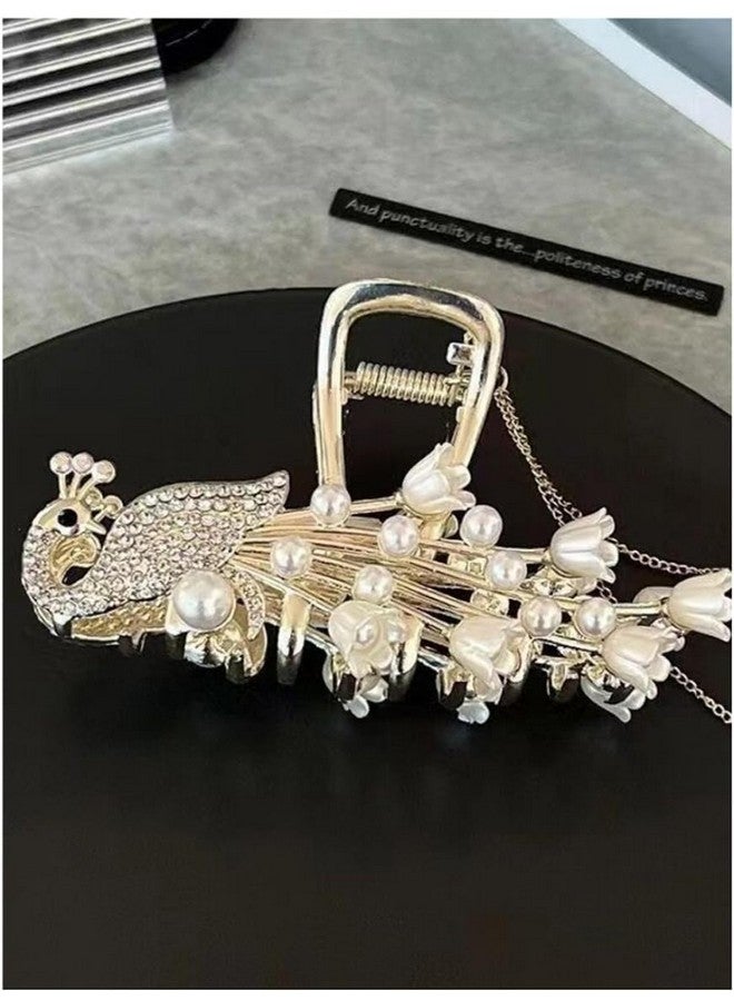 DENICRAAS Decorative Peacock Hair Claw For Women and Girls Crystal and Pearl Design, Gold-Tone Metal Thick Curly Hair Sparkly Hold Hair Jaw Clips (Pack of 1) - Image 5