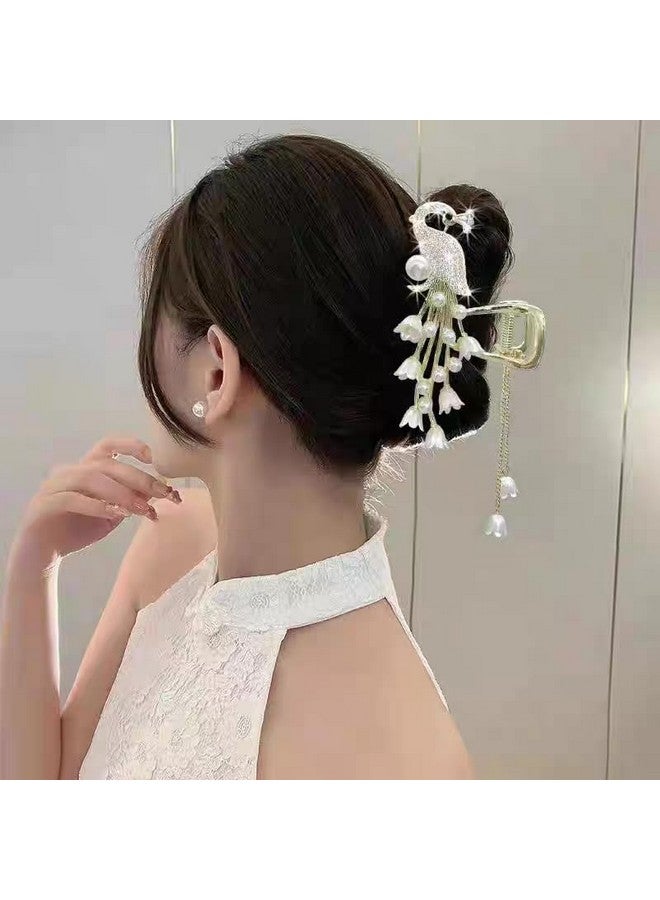 DENICRAAS Decorative Peacock Hair Claw For Women and Girls Crystal and Pearl Design, Gold-Tone Metal Thick Curly Hair Sparkly Hold Hair Jaw Clips (Pack of 1) - Image 3