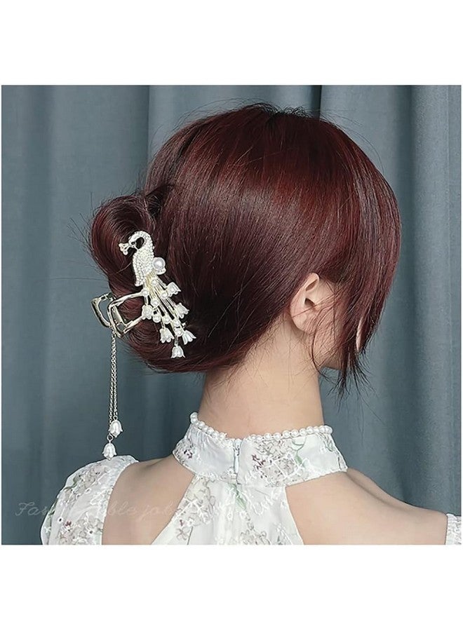 DENICRAAS Decorative Peacock Hair Claw For Women and Girls Crystal and Pearl Design, Gold-Tone Metal Thick Curly Hair Sparkly Hold Hair Jaw Clips (Pack of 1) - Image 4