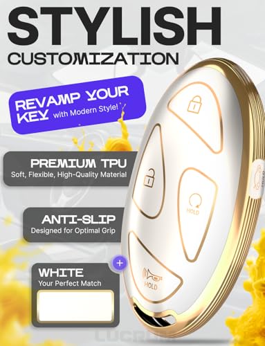 Lucrum Compatible with Hyundai Key Fob Cover & Leather Keychain, Keyfob Case for Santa Fe, Sonata, Tucson, Grandeur, Ioniq 6, KONA, Elantra - For 5 Button Remote (2022-2025) - White and Gold - Image 3