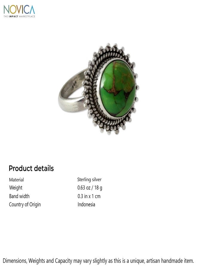 نوفيكا خاتم كوكتيل من الفضة الإسترلينية مصنوع يدويًا من نوفيكا، مرصع بفيروز مركب أخضر، مستوحى من الهند، بتصميم مستوحى من بوليوود [إطار التاج: 0.3 بوصة ارتفاع × 0.7 بوصة قطر، عرض السوار: 3 مم] "وعد أخضر" - Image 5