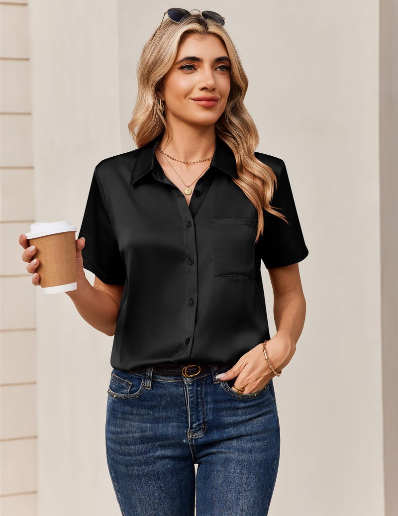 Zeagoo Blouse for Women Dressy Casual Satin Silk Tops Short Sleeve Button Down Trendy Shirts Black - Image 5