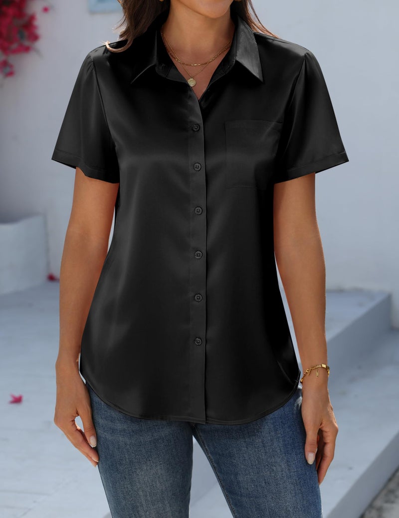 Zeagoo Blouse for Women Dressy Casual Satin Silk Tops Short Sleeve Button Down Trendy Shirts Black - Image 4