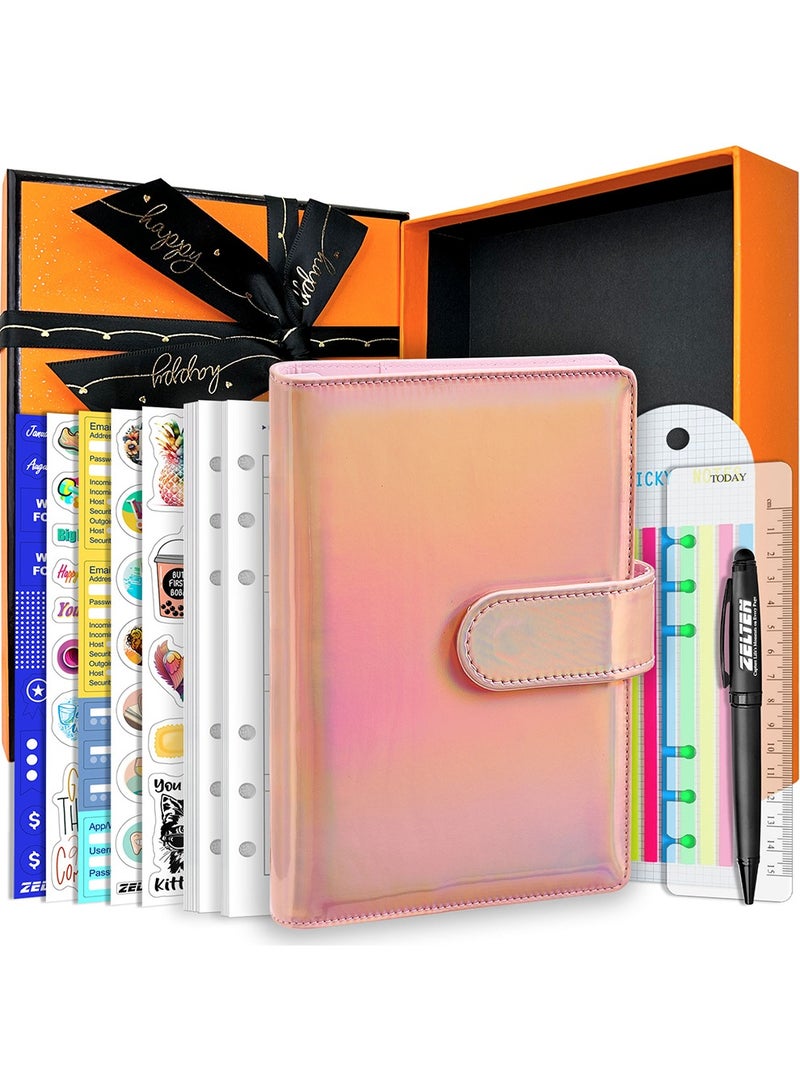 PU Leather Personal Notebook Planner with 67 Pages Loose-Leaf Papers 6 Holes Ring Binder Pen Holder Magnetic Buckle  (Holographic Pink)